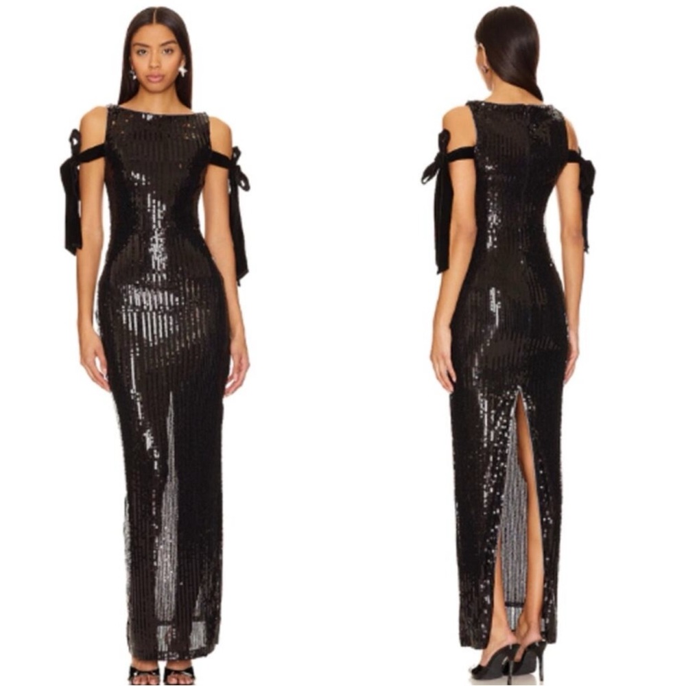 CAMILA COELHO Alayna Sequin Black Sleeveless Maxi Formal Dress